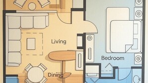 A floor plan of a house with a deck, living room, dining area, kitchen, bedroom, and bathroom.