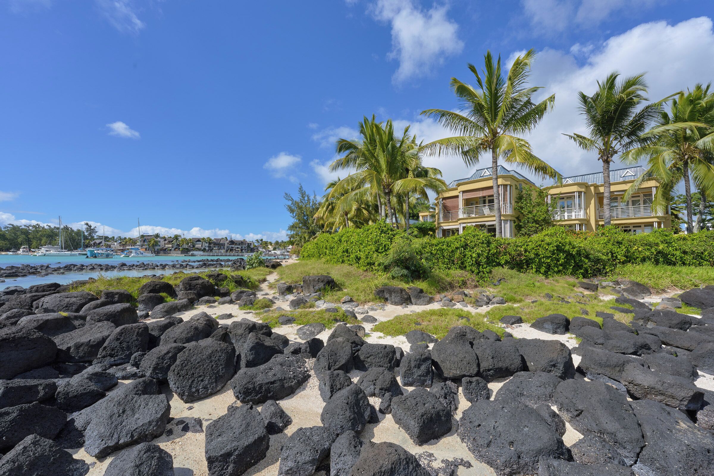 A beachfront hotel with a rocky shoreline, palm trees, and a clear blue sky.