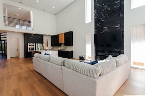 Smart TV, fireplace, stereo, computer monitors