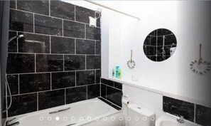Hair dryer, towels, soap, shampoo