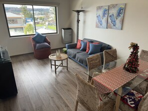 Una sala de estar con un sofá, una mesa de centro, una mesa de comedor y una silla.