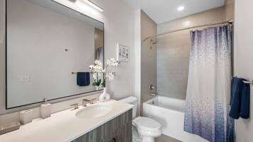 Hair dryer, towels, soap, toilet paper