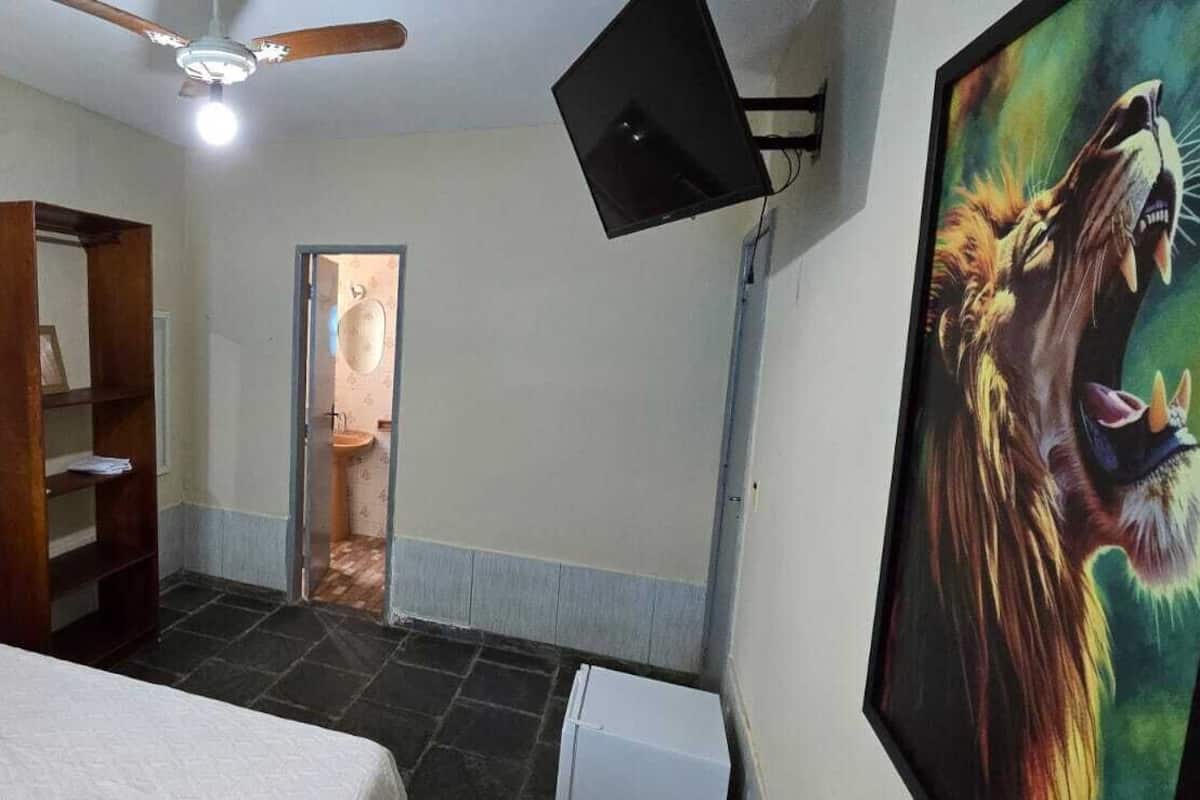 Un dormitorio con una cama, una estantería de madera, un ventilador de techo, un televisor montado en la pared y un cuadro.