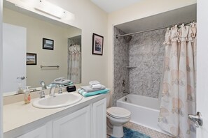 Hair dryer, towels, soap, toilet paper