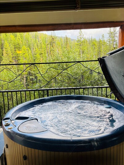 Morning sun, private deck, hot tub, cozy living space, serenity!