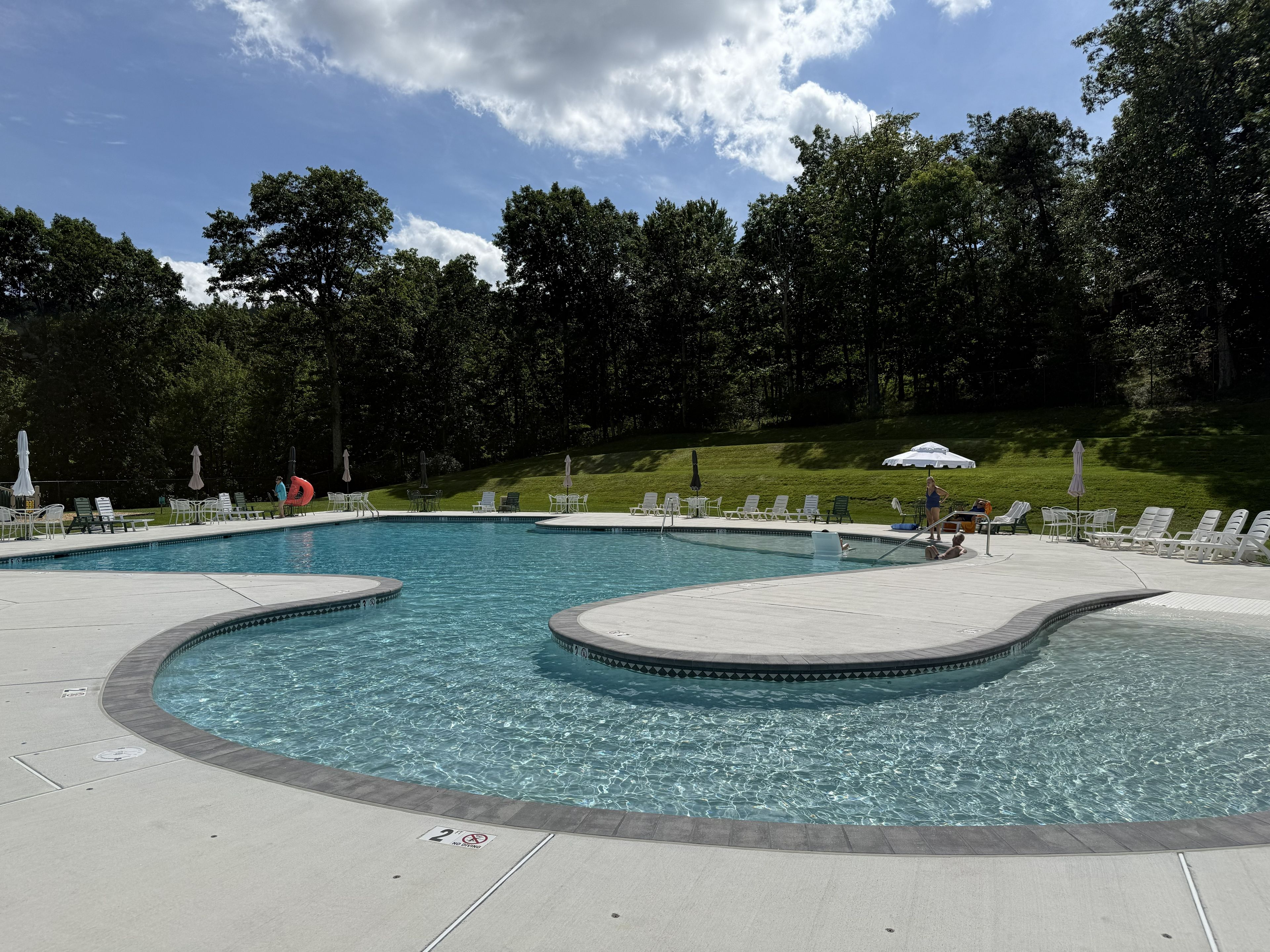 A swimming pool with multiple lanes, surrounded by lounge chairs and umbrellas, set against a backdrop of trees and a grassy slope.