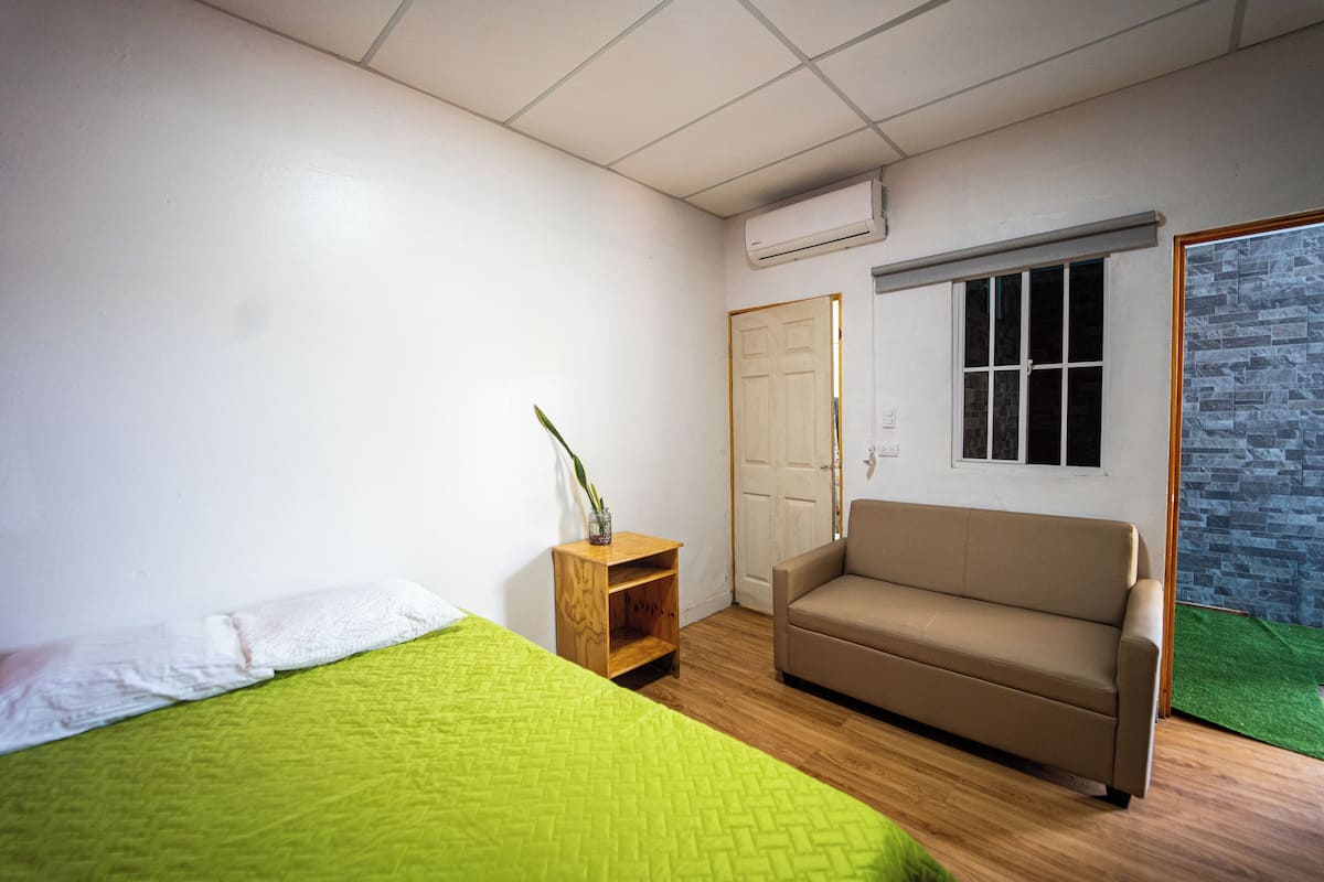 A room with a bed, a sofa, a wooden nightstand with a plant, a door, and a window.