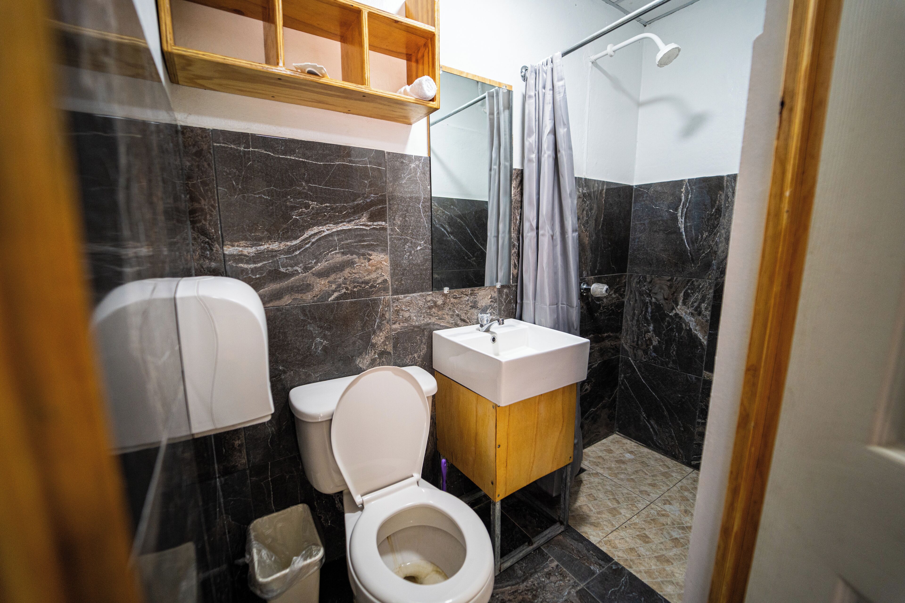 Une salle de bain avec des toilettes, un lavabo et une douche.