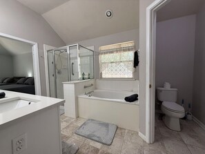 Hair dryer, towels, soap, toilet paper