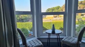 A room with two upholstered chairs facing a small table with a vase, large windows with a view of a green landscape and buildings.