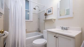 Hair dryer, towels, soap, toilet paper