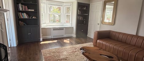 Smart TV, fireplace, books