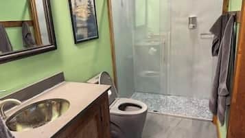 Hair dryer, towels, soap, shampoo