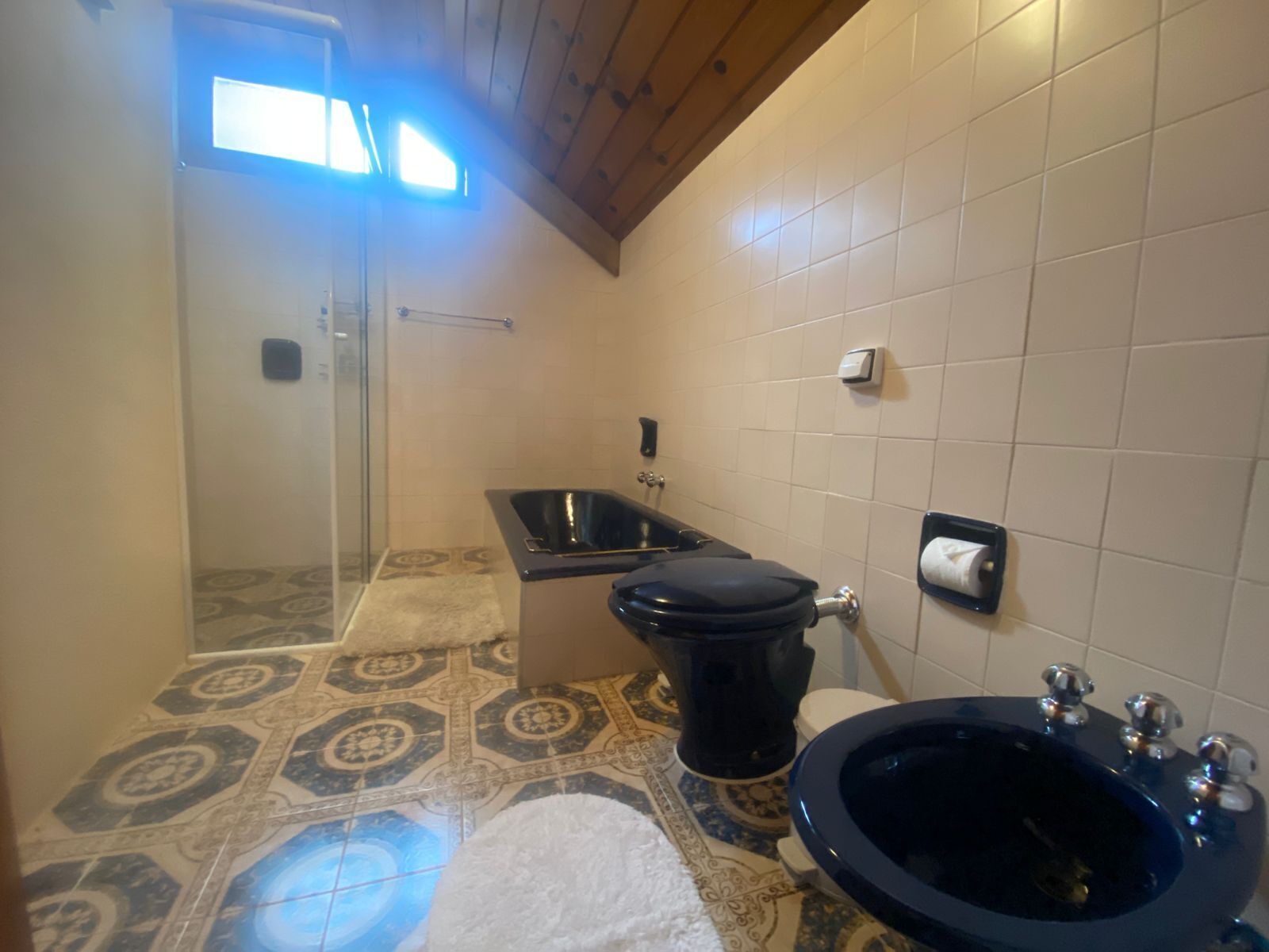 Un baño con ducha, inodoro y lavamanos.