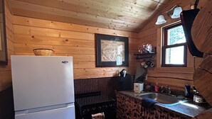 Una cocina compacta con paredes de madera, un refrigerador blanco, estufa, pileta y ventana con vista.