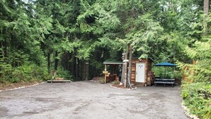A gravel parking area with a wooden cabin labeled "Welcome Guest" and a picnic table under a blue umbrella. - Madrona Cabin 1-bedroom cabin in Sequim (Sequim)
