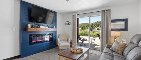 Smart TV, fireplace, books