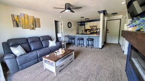 Smart TV, lareira, livros