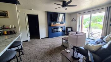 Smart TV, fireplace, books