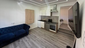 Una cocina compacta con sofá, televisión y un armario de madera.