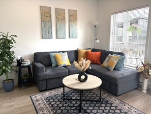 Smart TV, fireplace, books