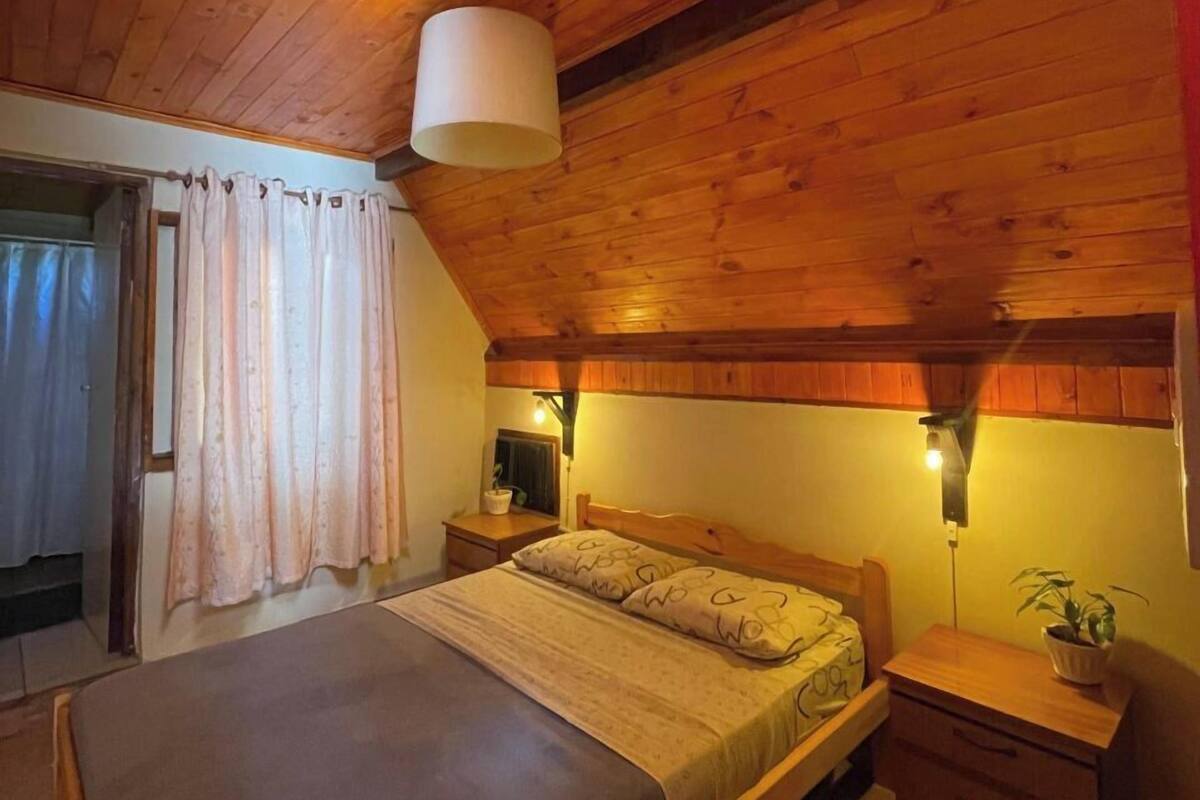 Ein Schlafzimmer mit Holzwänden, einem Einzelbett, Nachttischen und einer Deckenleuchte.