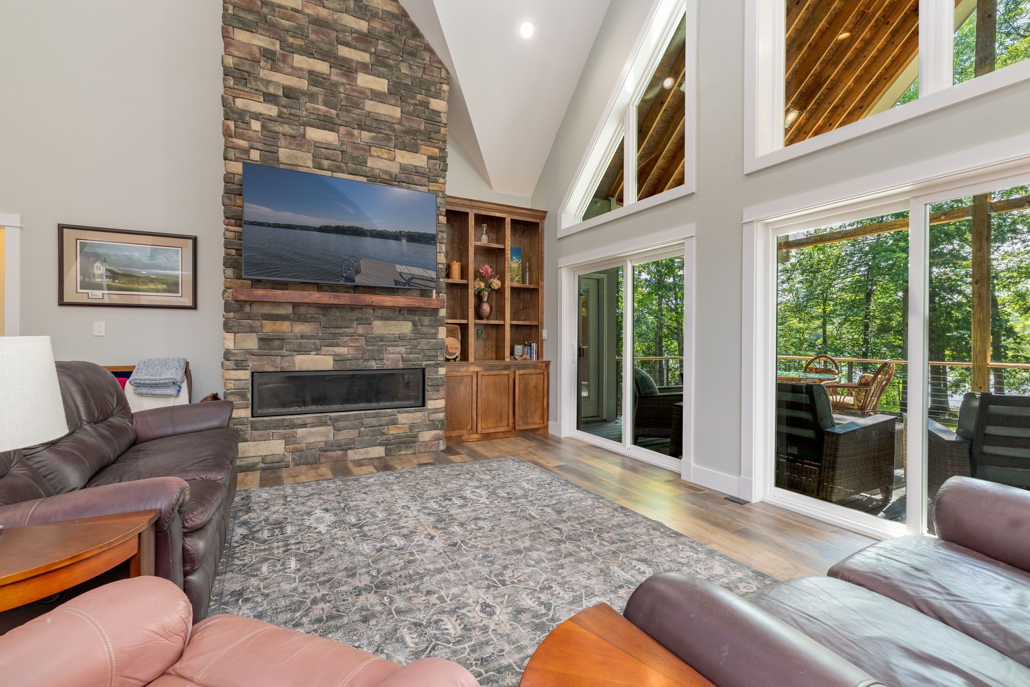 Smart TV, lareira, livros