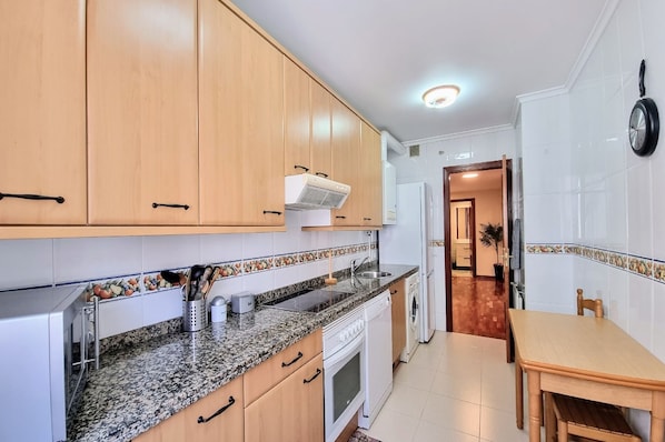 Fridge, microwave, oven, toaster