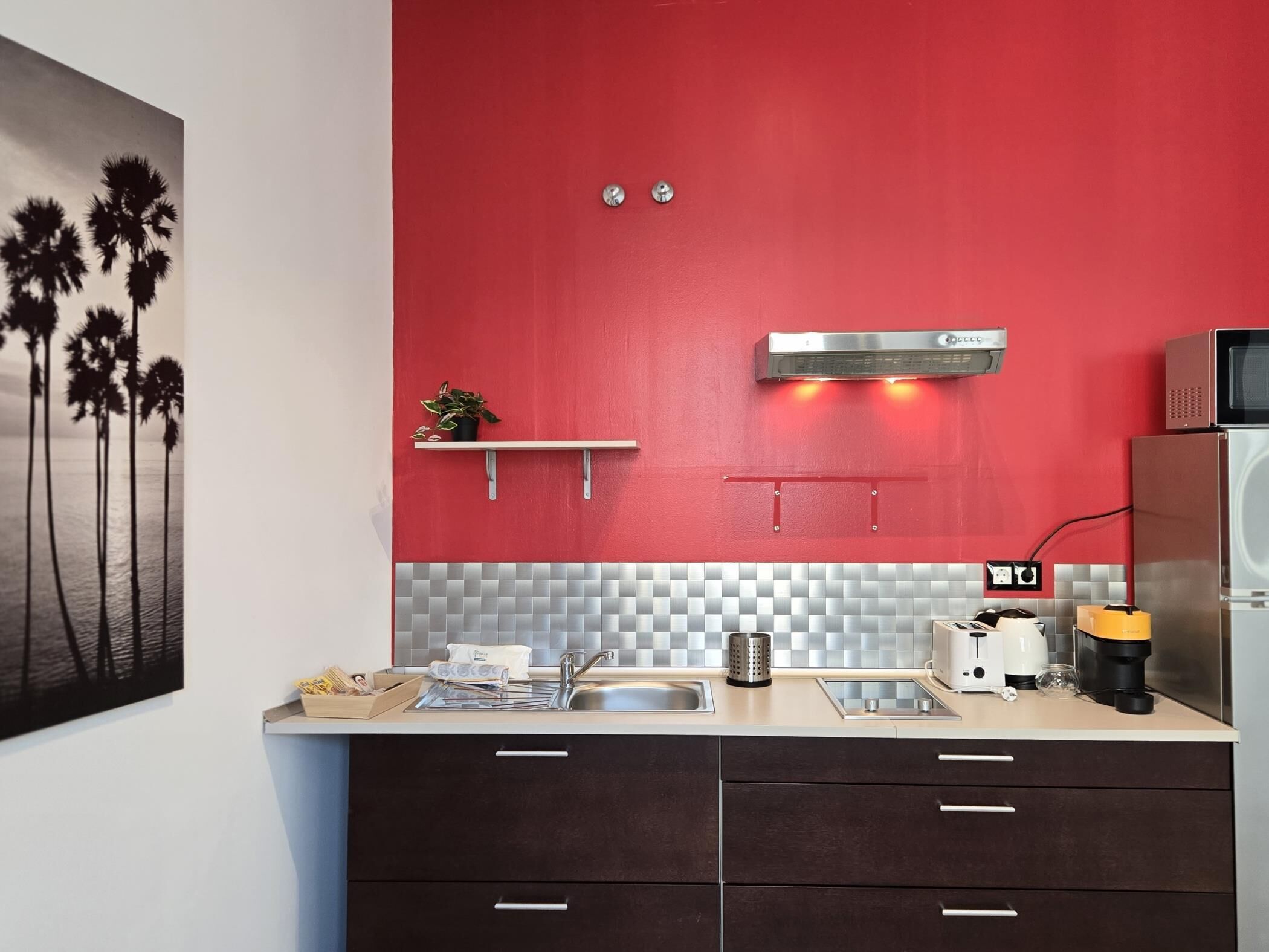 Fridge, microwave, coffee/tea maker, toaster