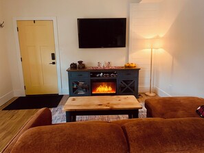 TV, fireplace, books, stereo