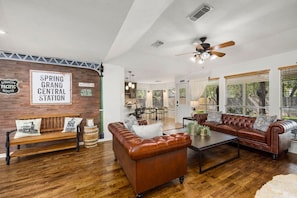 Smart TV, fireplace, books