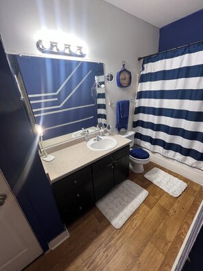 Hair dryer, towels, soap, toilet paper