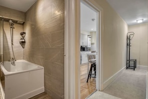 Hair dryer, towels, soap, toilet paper