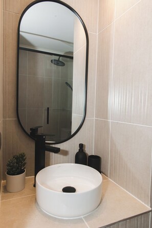 Hair dryer, towels, soap, toilet paper