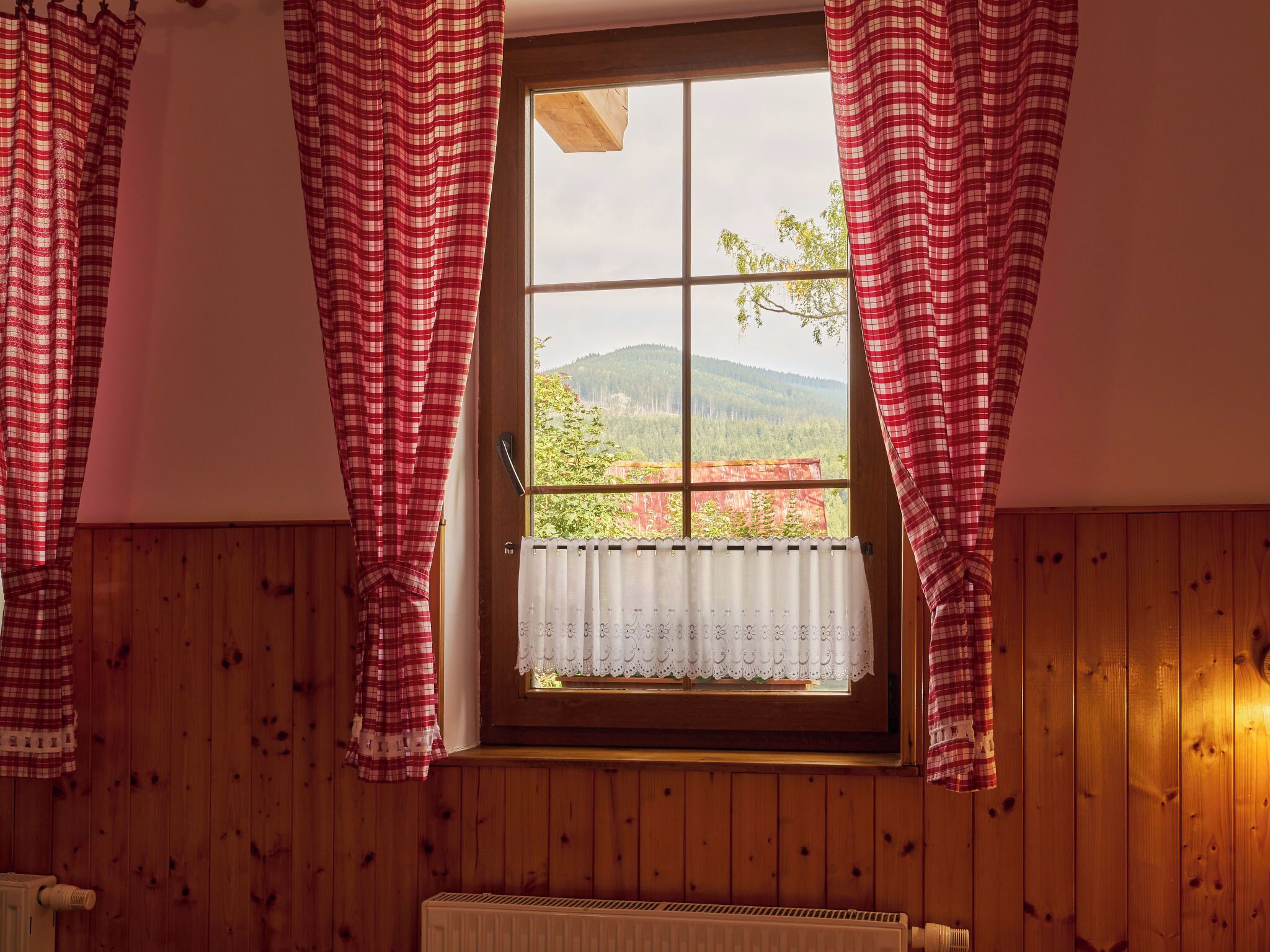 Una habitación con paredes de madera, una ventana con vistas a colinas verdes y cortinas a cuadros rojos y blancos.