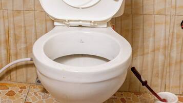 Des toilettes avec un abattant fermé, un siège-bidet et une brosse pour les toilettes.