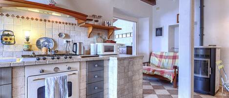 Fridge, microwave, oven, cookware/dishes/utensils