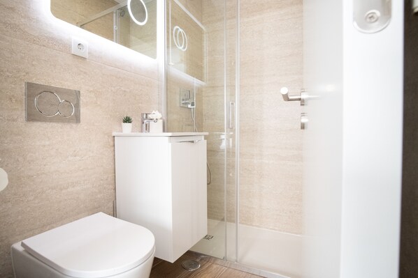Shower, hair dryer, towels