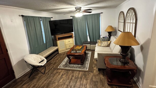 A living room with a sofa, coffee table, TV, and a ceiling fan. - Spacious 4-bedroom apartment with WiFi, AC in charming Conway (Conway)