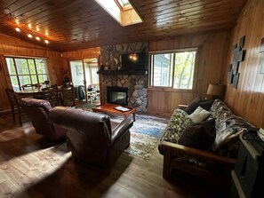 Smart TV, chimenea, reproductor de DVD, libros