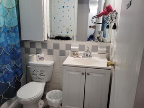 Hair dryer, towels, soap, toilet paper