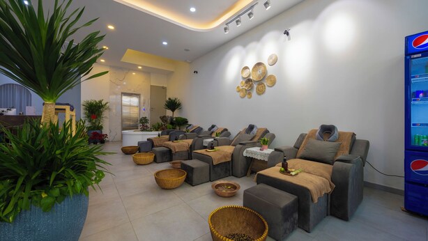A modern lounge area with sofas, a large potted plant, and a wall-mounted beverage dispenser.