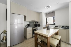 Fridge, microwave, oven, stovetop