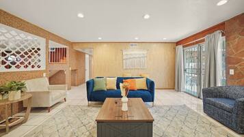 Smart TV, fireplace, books