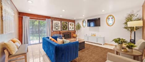 Smart TV, fireplace, books