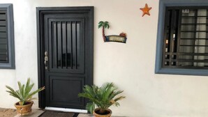 Una puerta negra con manija metálica, flanqueada por dos macetas con hojas de palma.
