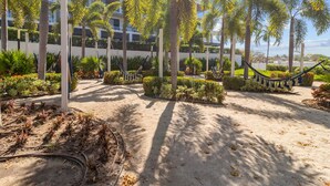 A sandy outdoor area with palm trees, hammocks, and a pathway.