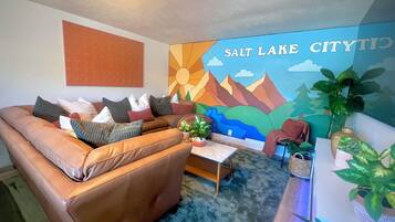 Smart TV, fireplace, books