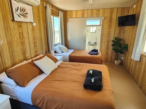 Una habitación con dos camas, paredes de madera, televisión, ventana y una planta.