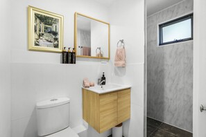 Shower, hair dryer, towels